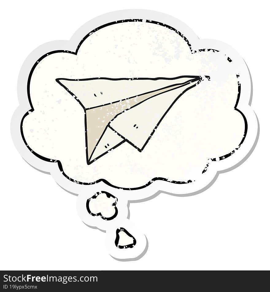 cartoon paper airplane and thought bubble as a distressed worn sticker