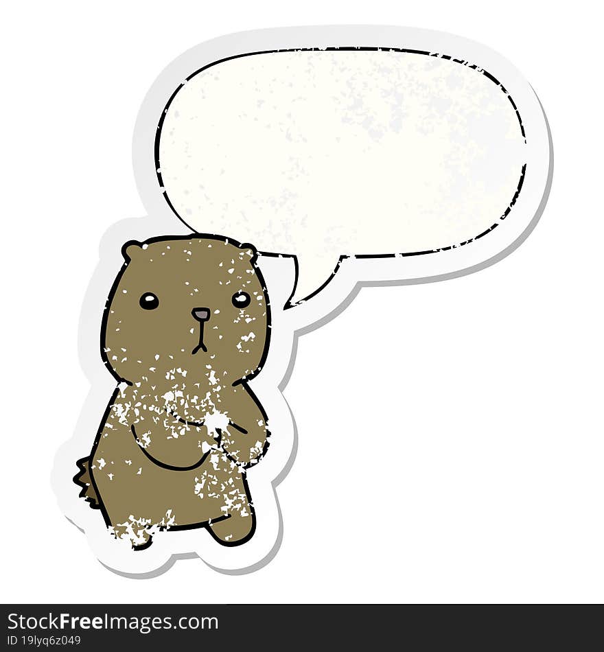 cartoon worried bear and speech bubble distressed sticker