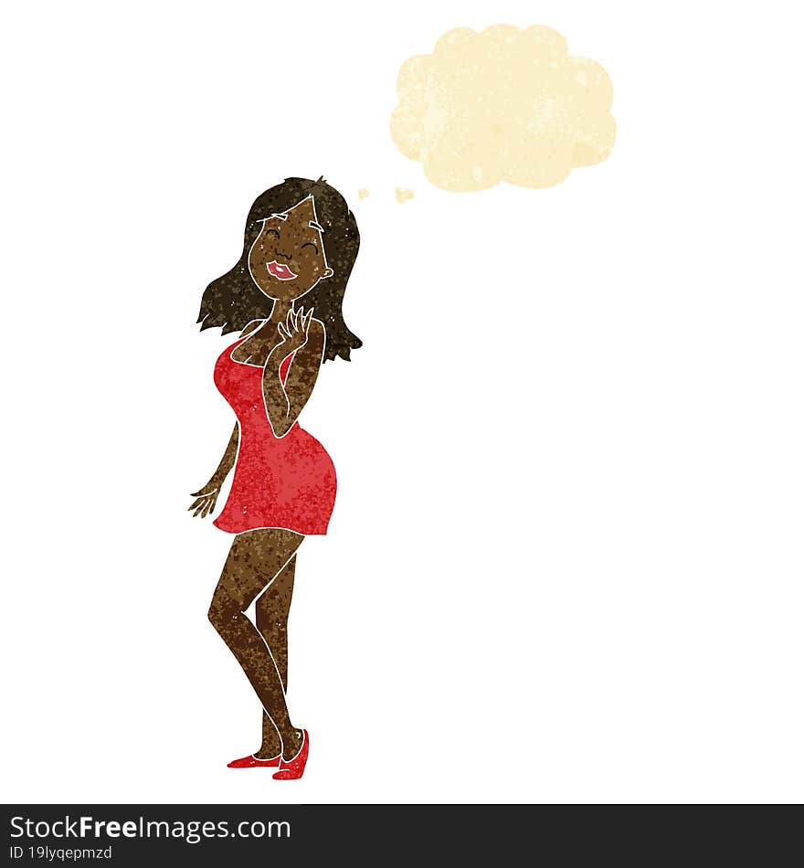 cartoon pretty woman in cocktail dress with thought bubble