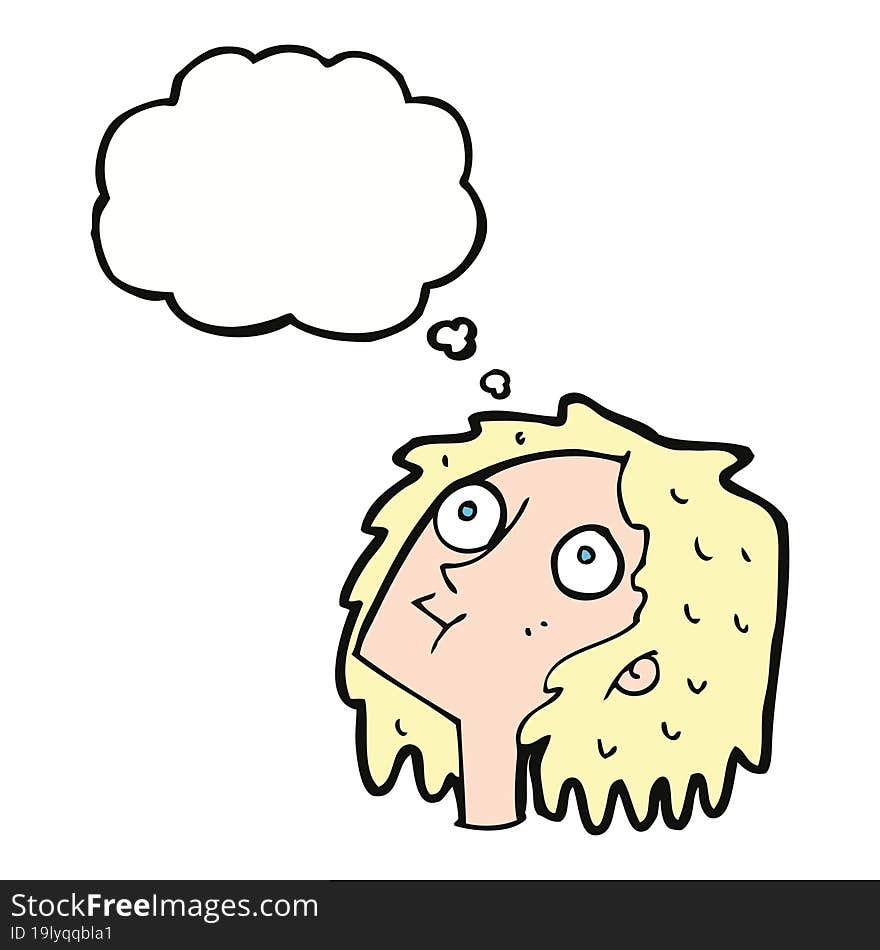 cartoon staring woman with thought bubble