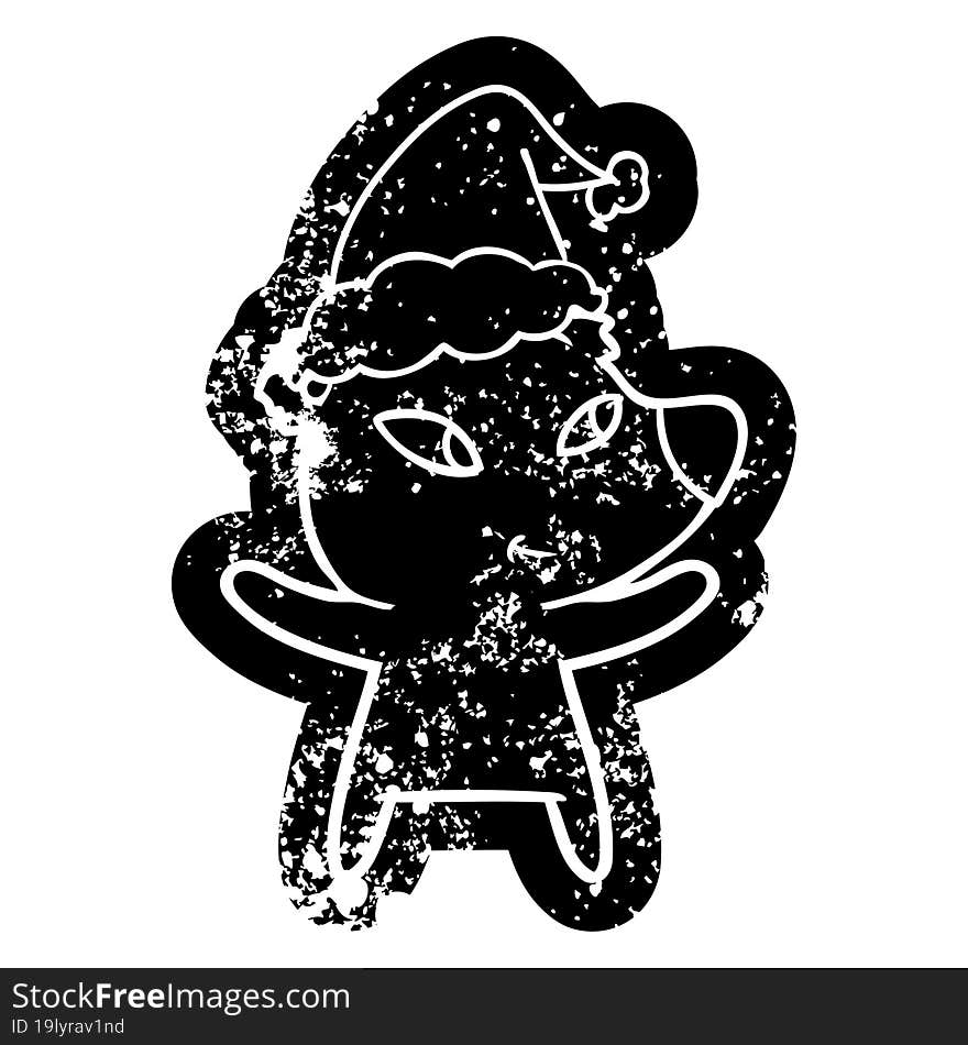 cute cartoon distressed icon of a bear wearing santa hat