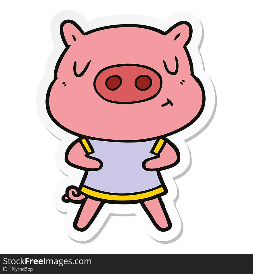 sticker of a cartoon content pig wearing t shirt