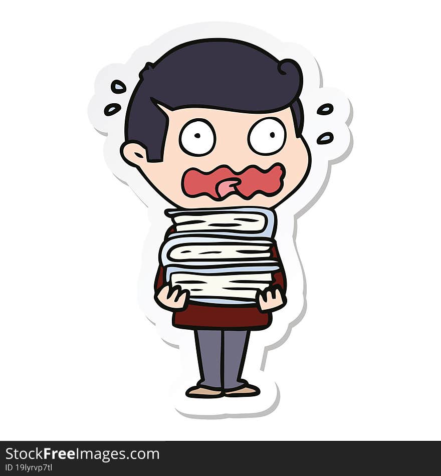 sticker of a cartoon man with books totally stressed out