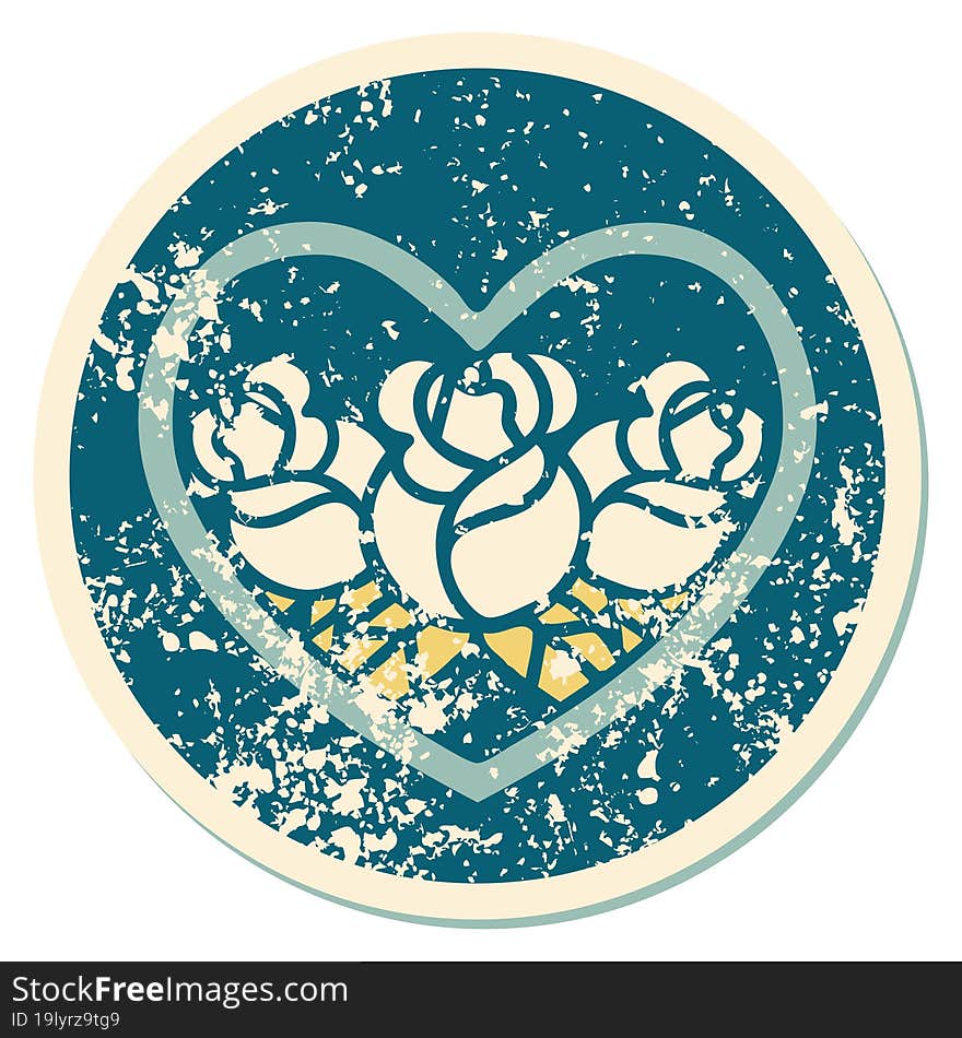 Distressed Sticker Tattoo Style Icon Of A Heart And Flowers