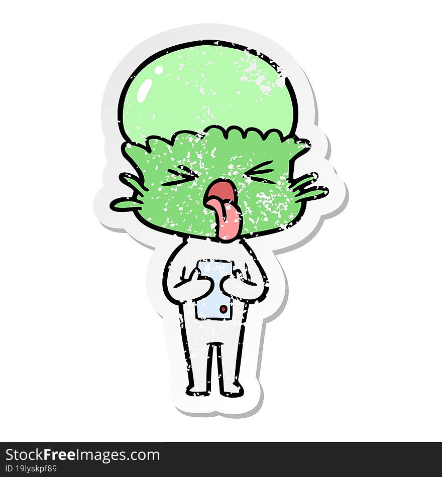 Distressed Sticker Of A Disgusted Cartoon Alien