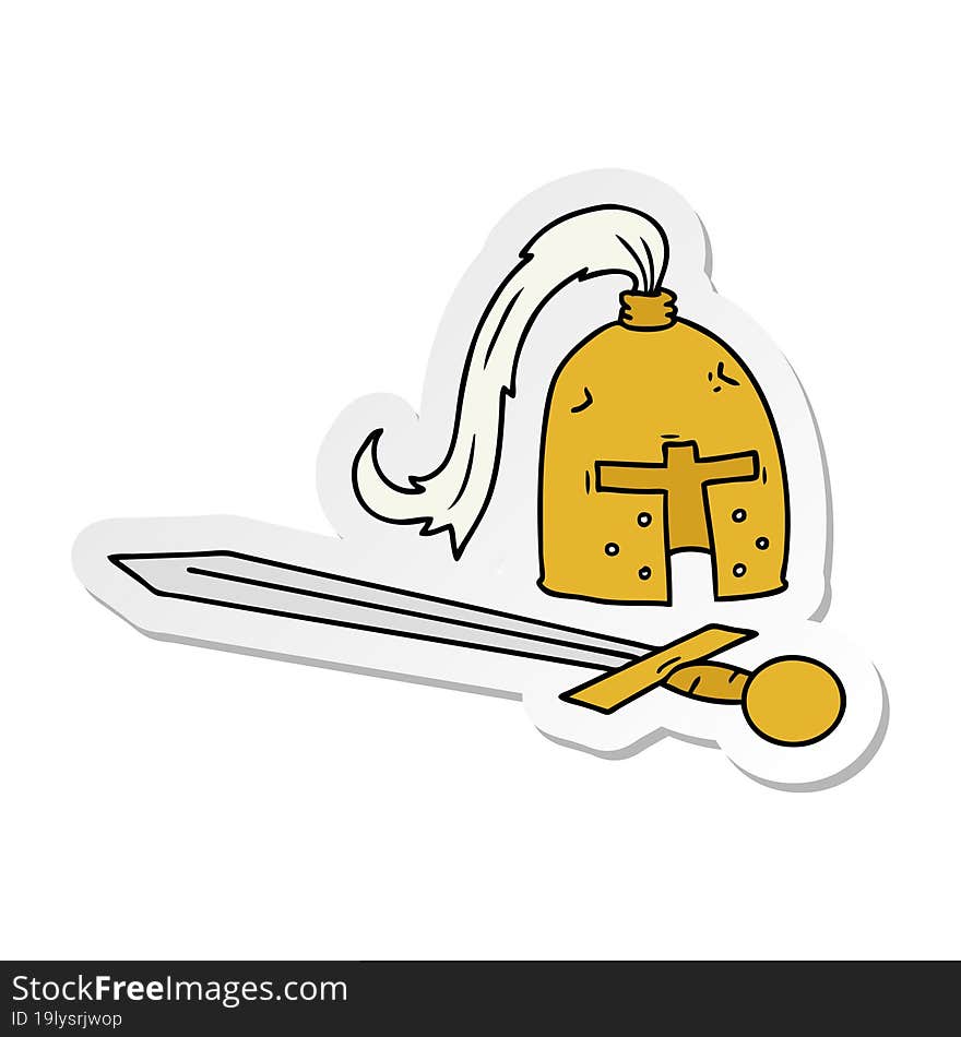 sticker cartoon doodle of a medieval helmet and sword