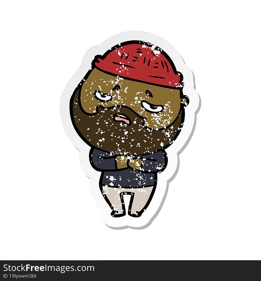 distressed sticker of a cartoon worried man with beard