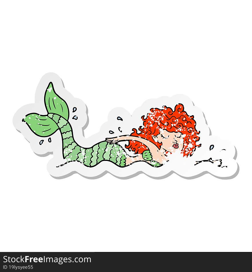 distressed sticker of a cartoon mermaid