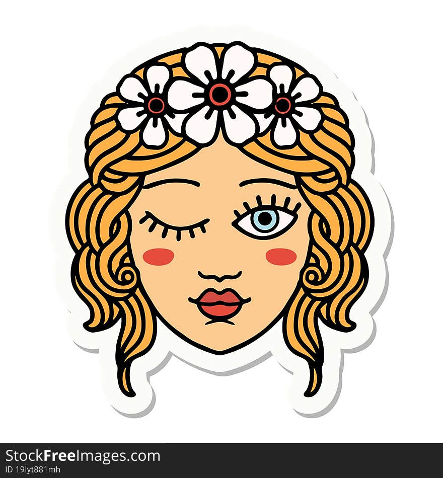 tattoo style sticker of a maidens face winking