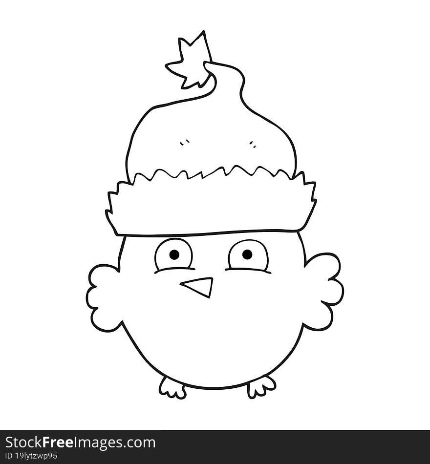 black and white cartoon owl wearing christmas hat