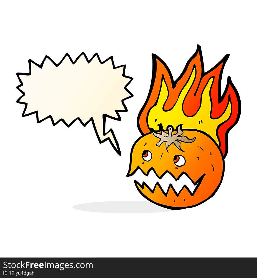 cartoon flaming pumpkin with speech bubble