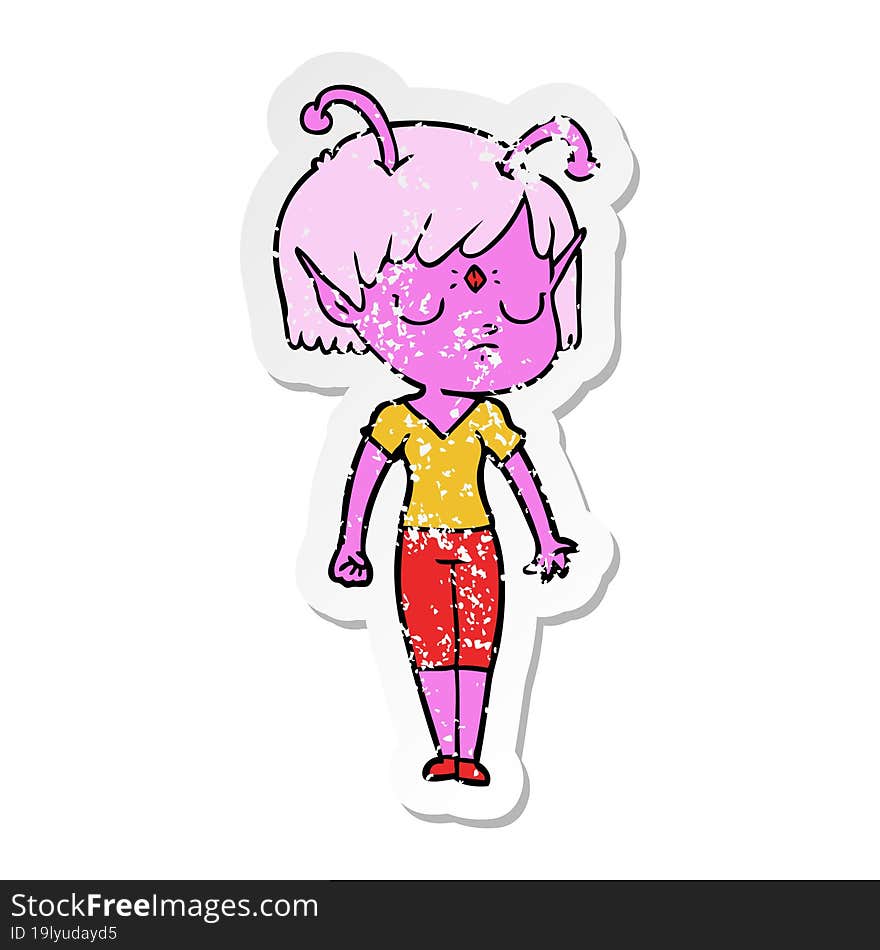 distressed sticker of a cartoon alien girl