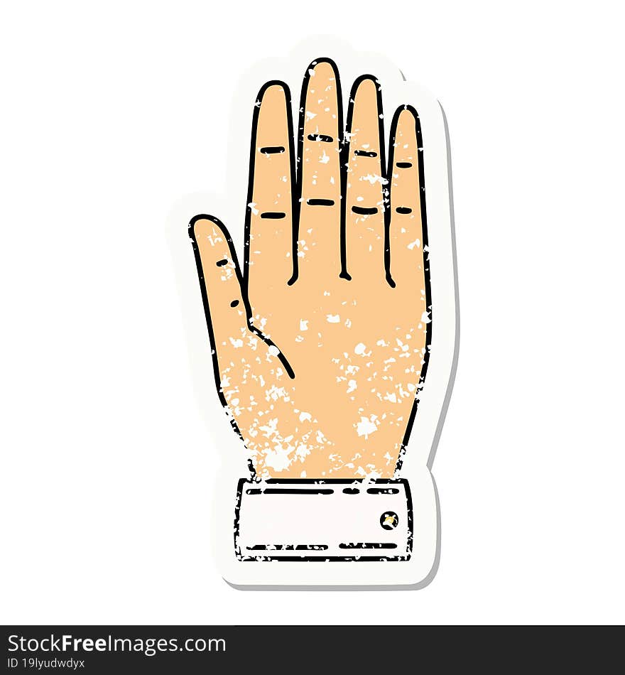 traditional distressed sticker tattoo of a hand