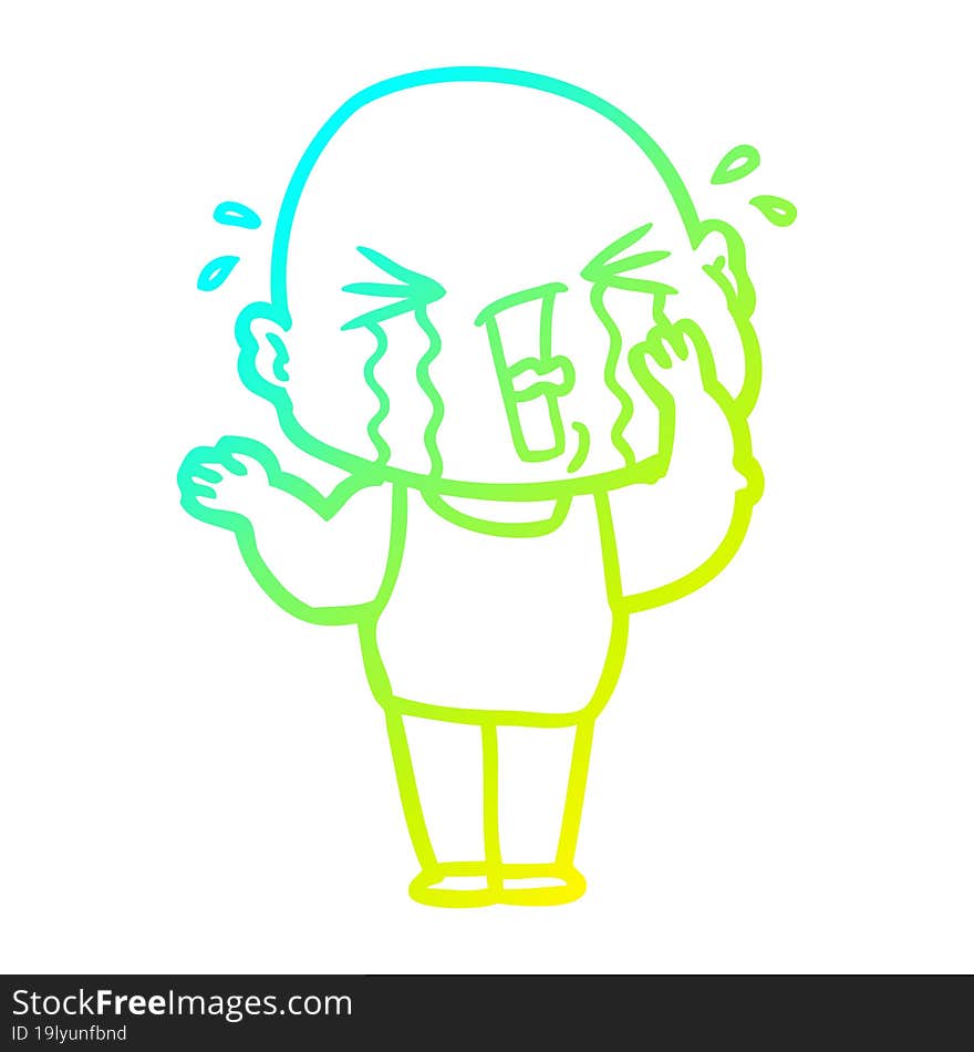 cold gradient line drawing cartoon crying bald man