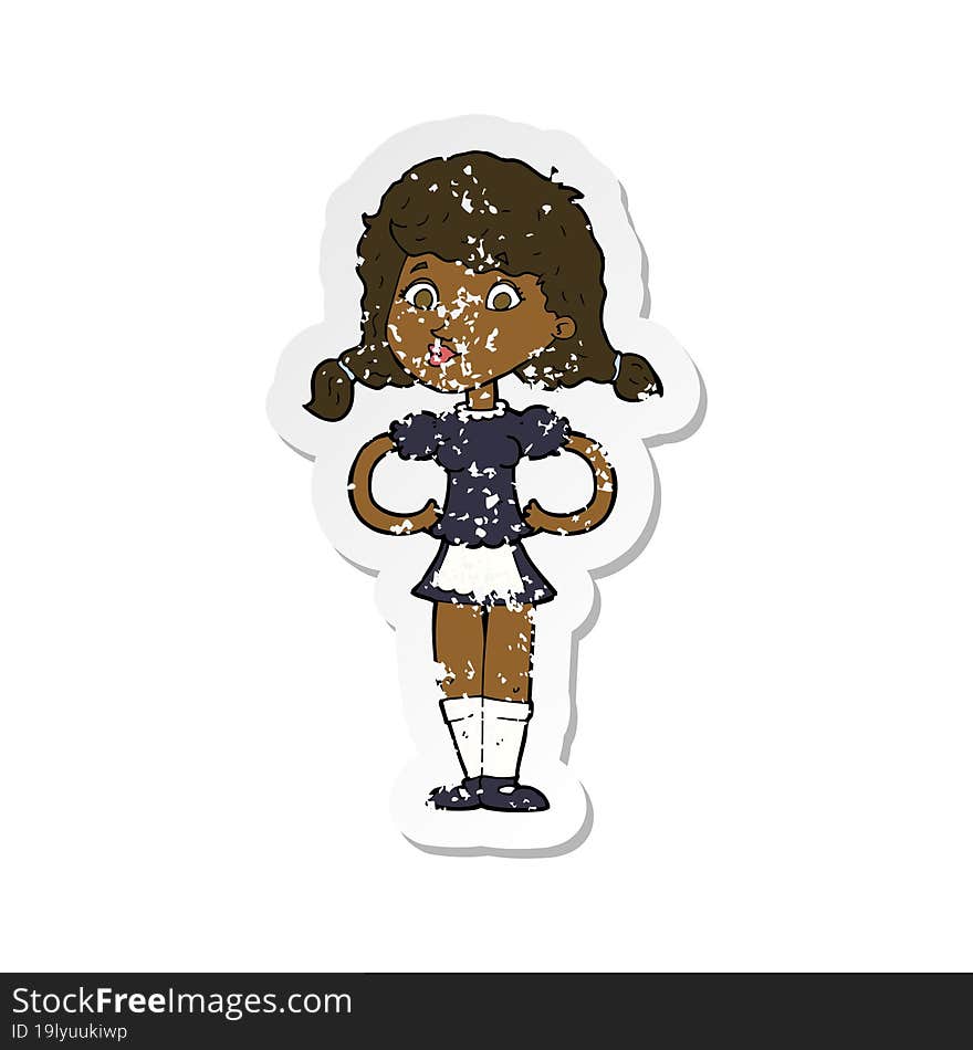 Retro Distressed Sticker Of A Cartoon Happy Waitress Woman