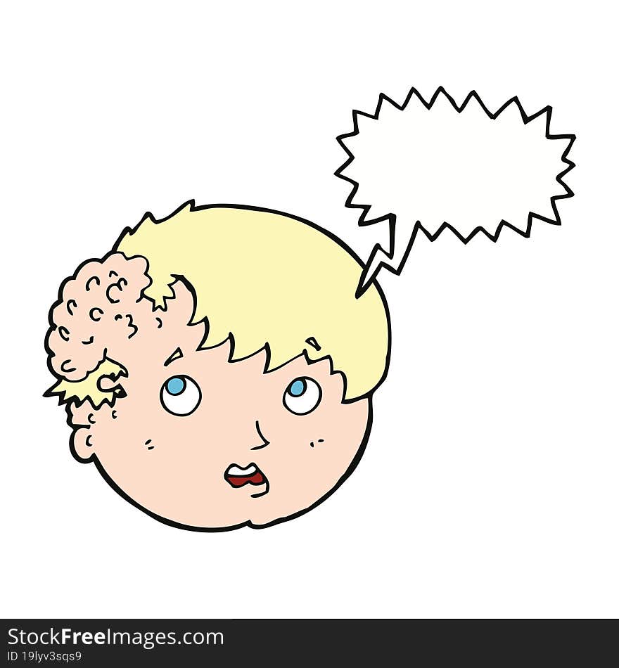 cartoon boy with ugly growth on head with speech bubble