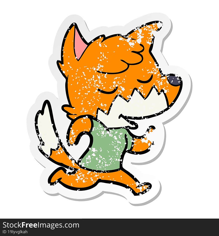 distressed sticker of a friendly cartoon fox running