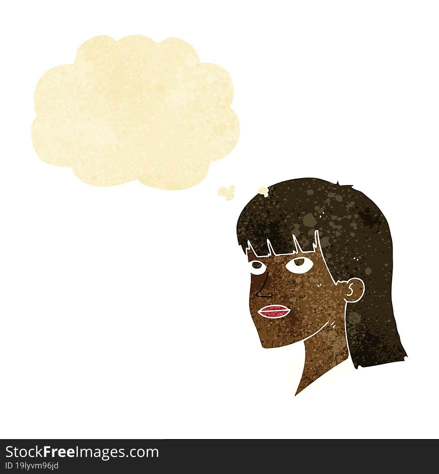 cartoon serious woman with thought bubble