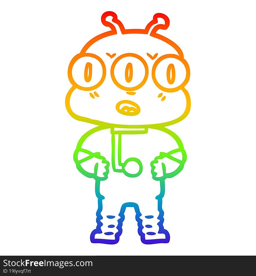 Rainbow Gradient Line Drawing Cartoon Three Eyed Alien