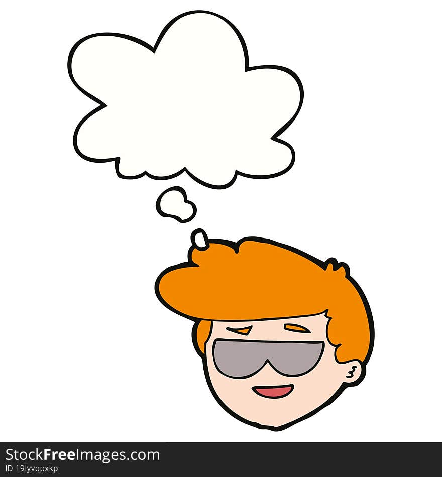 cartoon boy wearing sunglasses and thought bubble