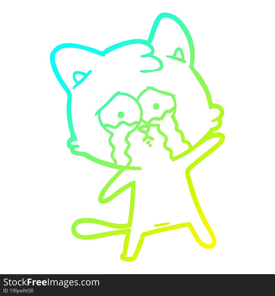 Cold Gradient Line Drawing Crying Cartoon Cat