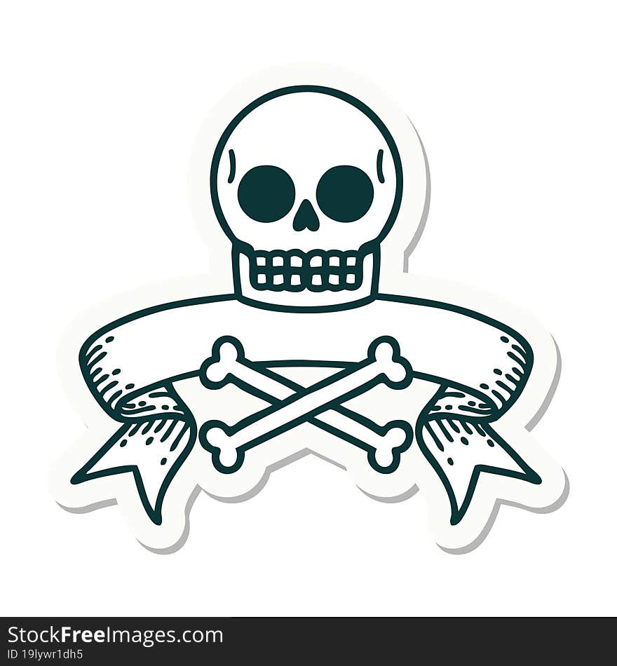 tattoo sticker with banner of a skull and bones