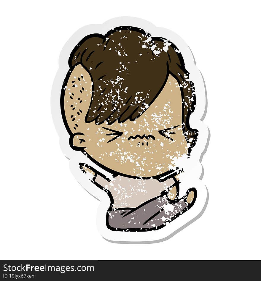 distressed sticker of a cartoon annoyed hipster girl