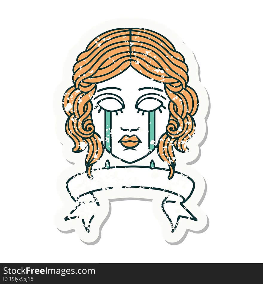 grunge sticker with banner of female face crying