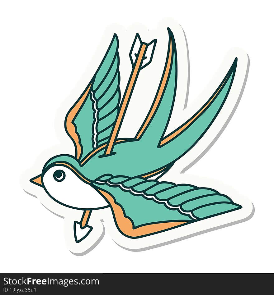 tattoo style sticker of a swallow pieced by arrow