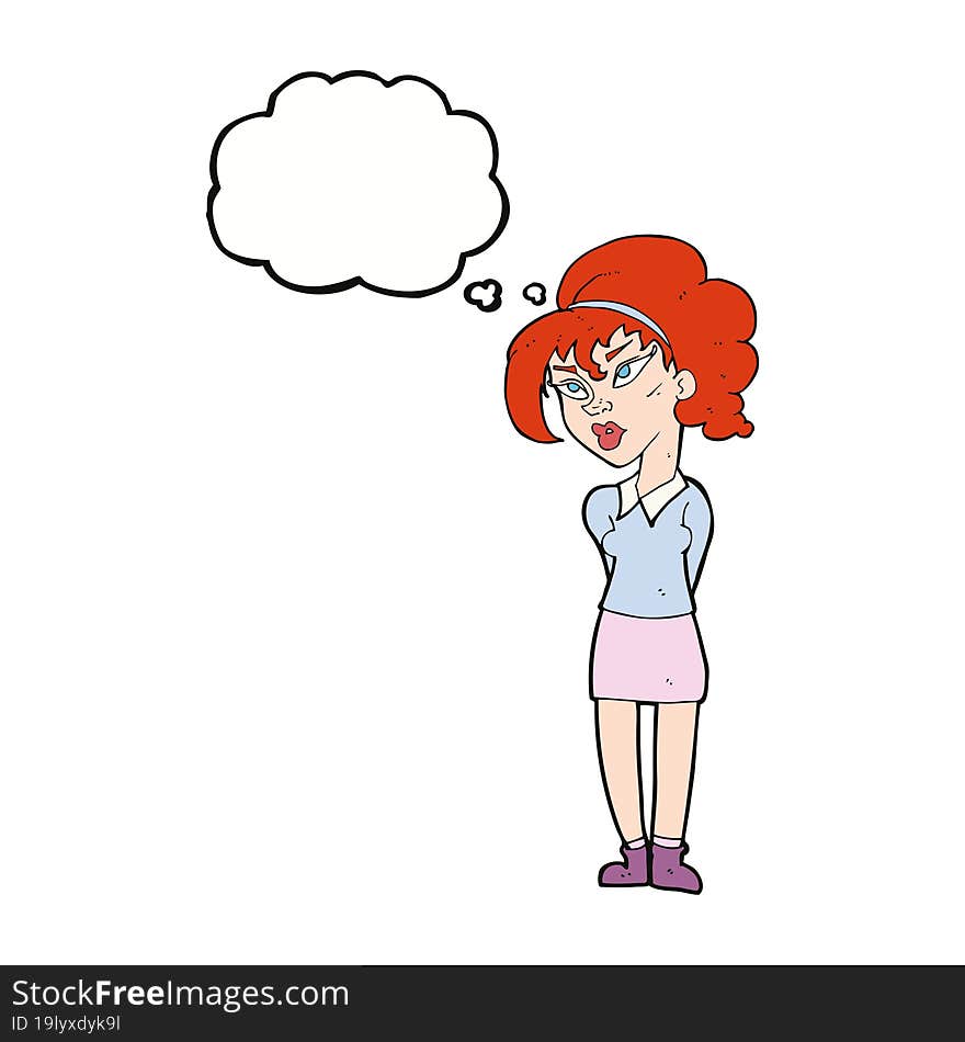 cartoon pretty girl tilting head with thought bubble