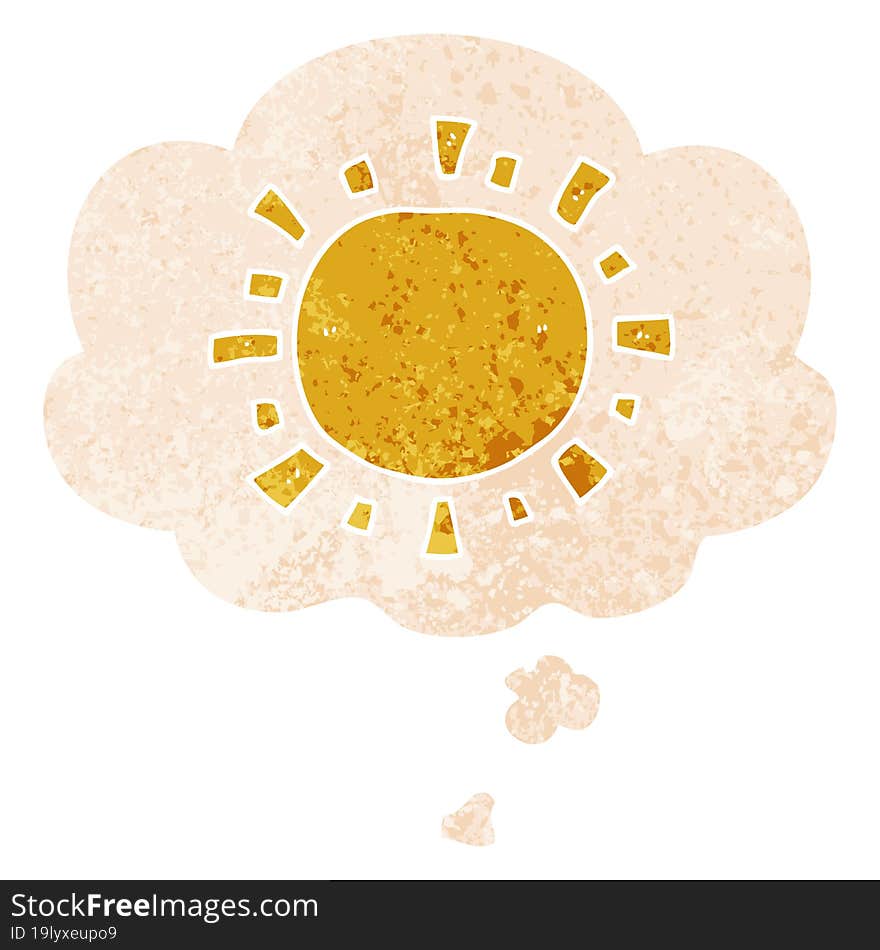 cartoon sun with thought bubble in grunge distressed retro textured style. cartoon sun with thought bubble in grunge distressed retro textured style