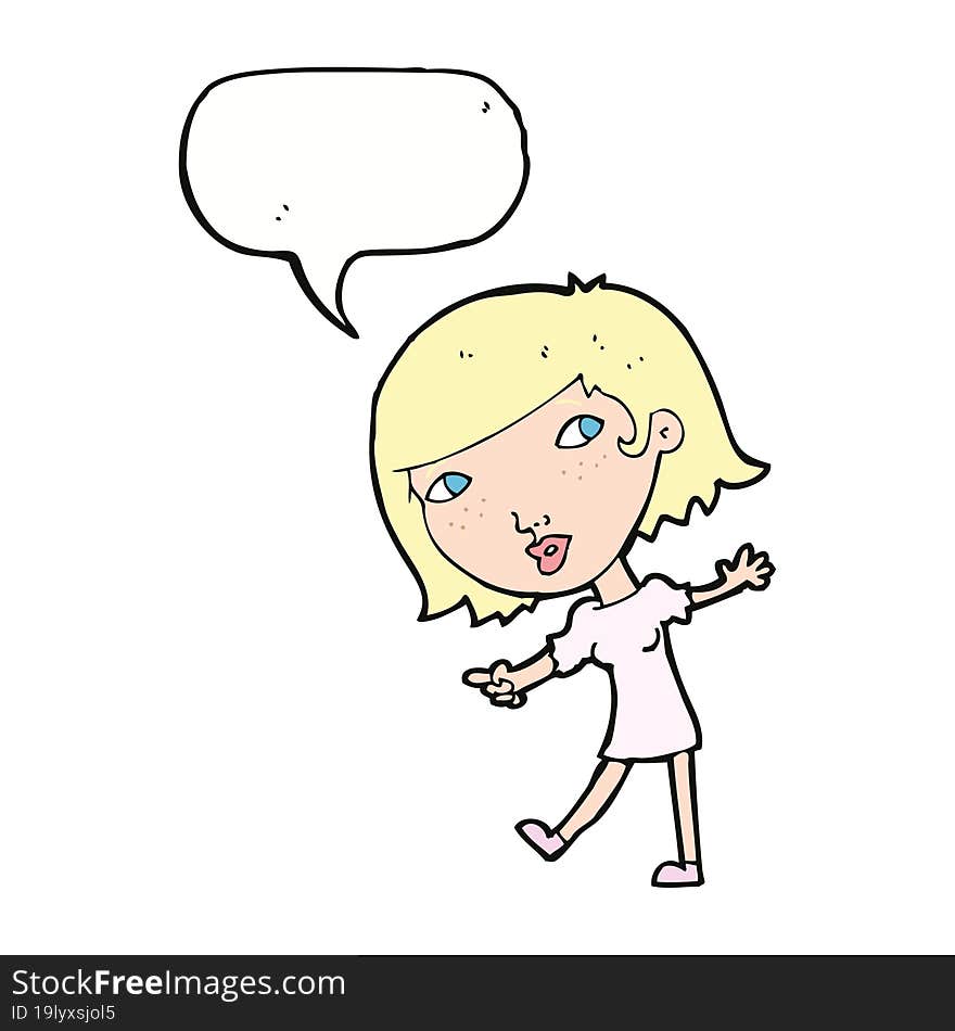 Cartoon Happy Girl Gesturing To Follow With Speech Bubble