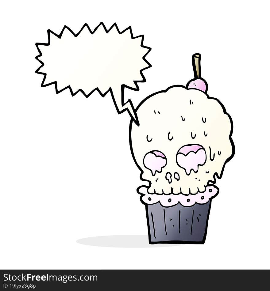 cartoon spooky skull cupcake with speech bubble