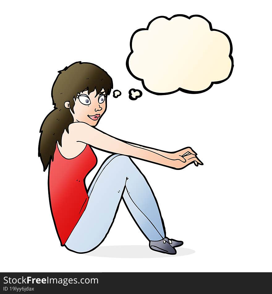 cartoon happy woman sitting with thought bubble