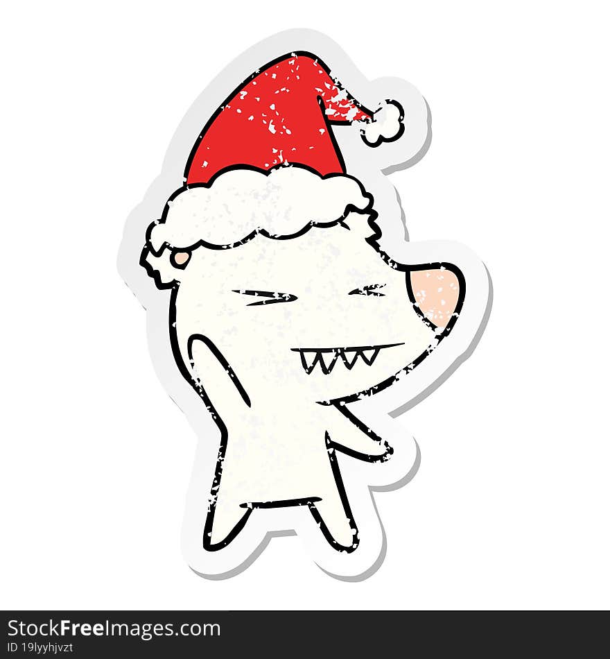 Angry Polar Bear Distressed Sticker Cartoon Of A Wearing Santa Hat