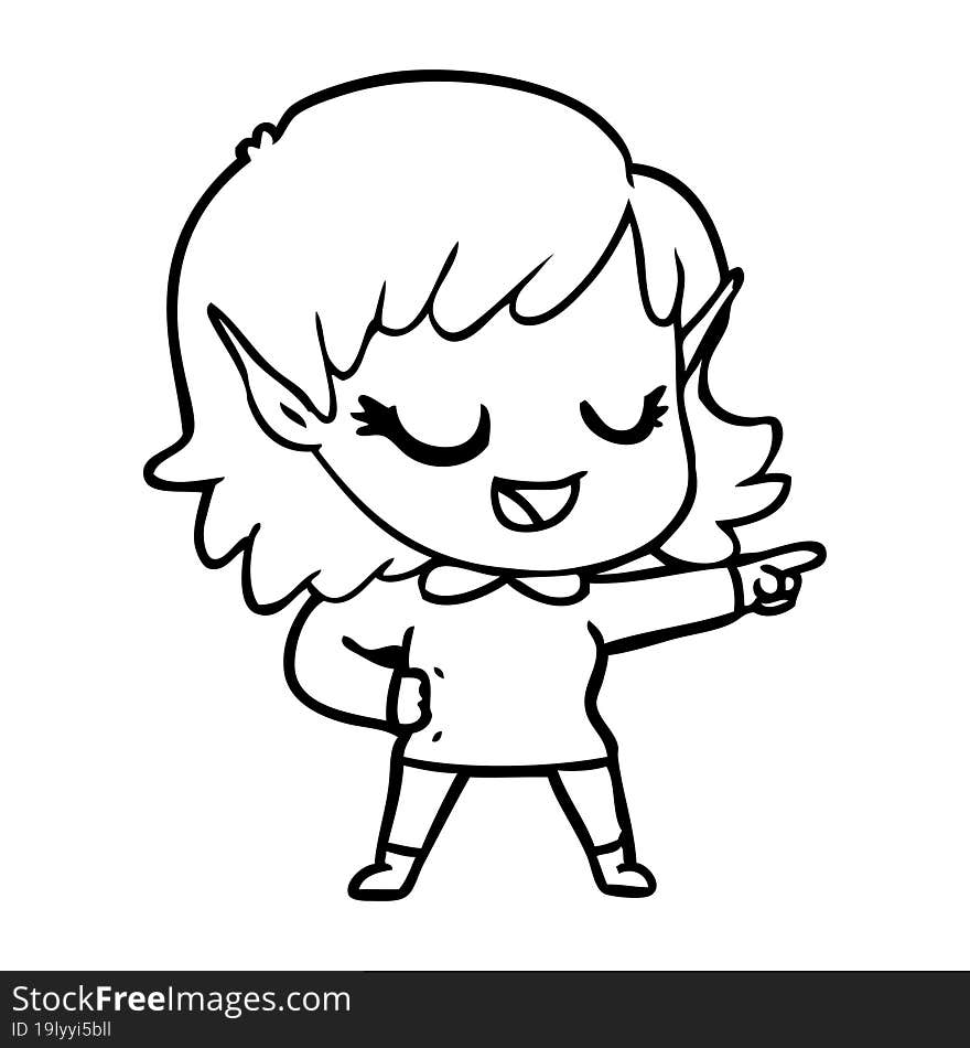 happy cartoon elf girl pointing. happy cartoon elf girl pointing