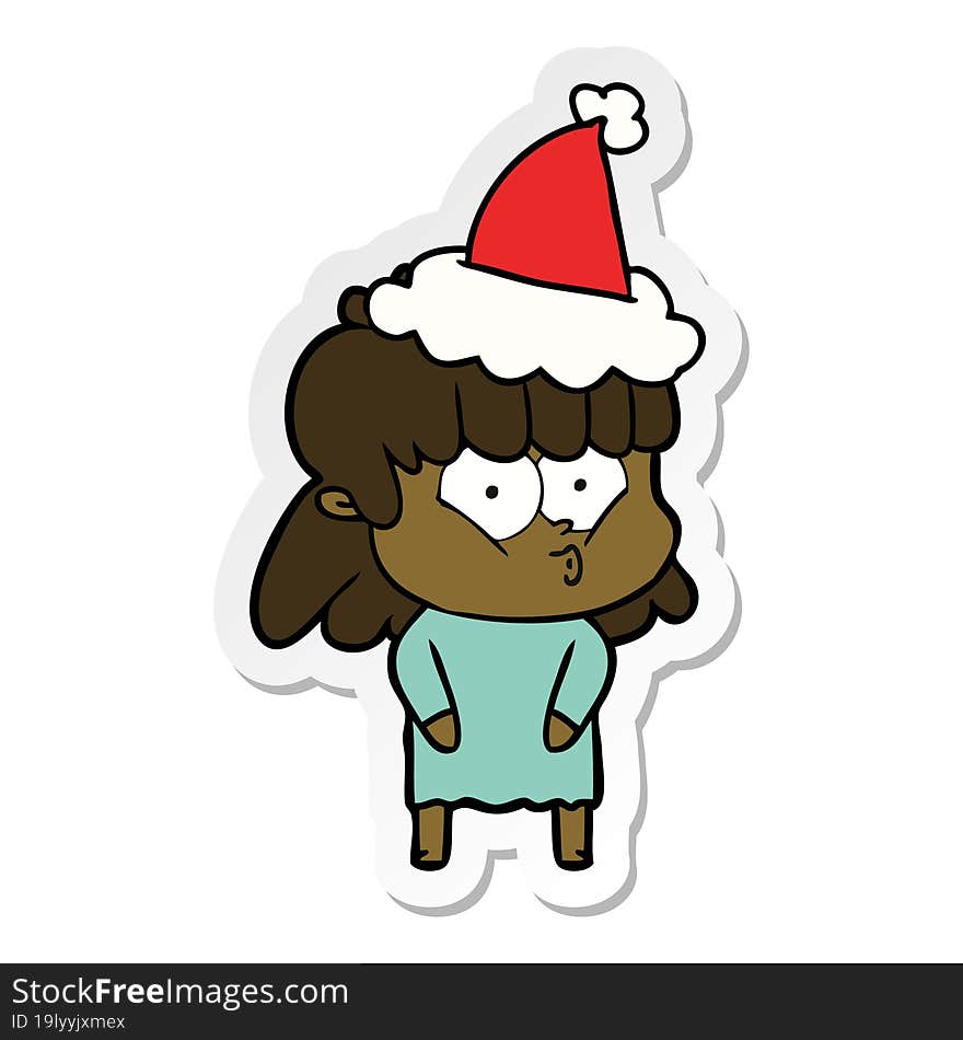 sticker cartoon of a whistling girl wearing santa hat