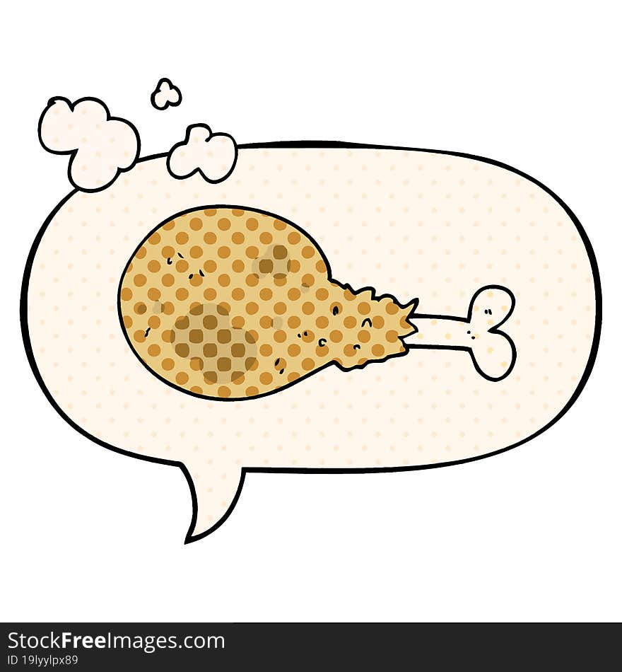 cartoon cooked chicken leg with speech bubble in comic book style