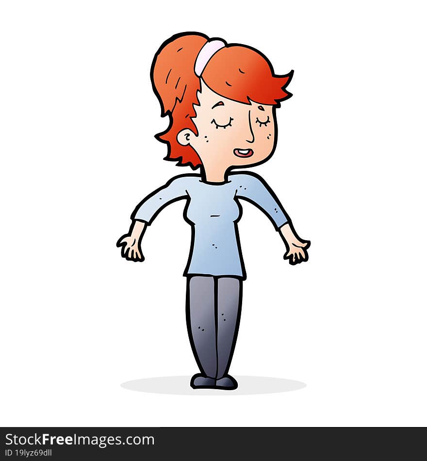 cartoon friendly woman shrugging shoulders