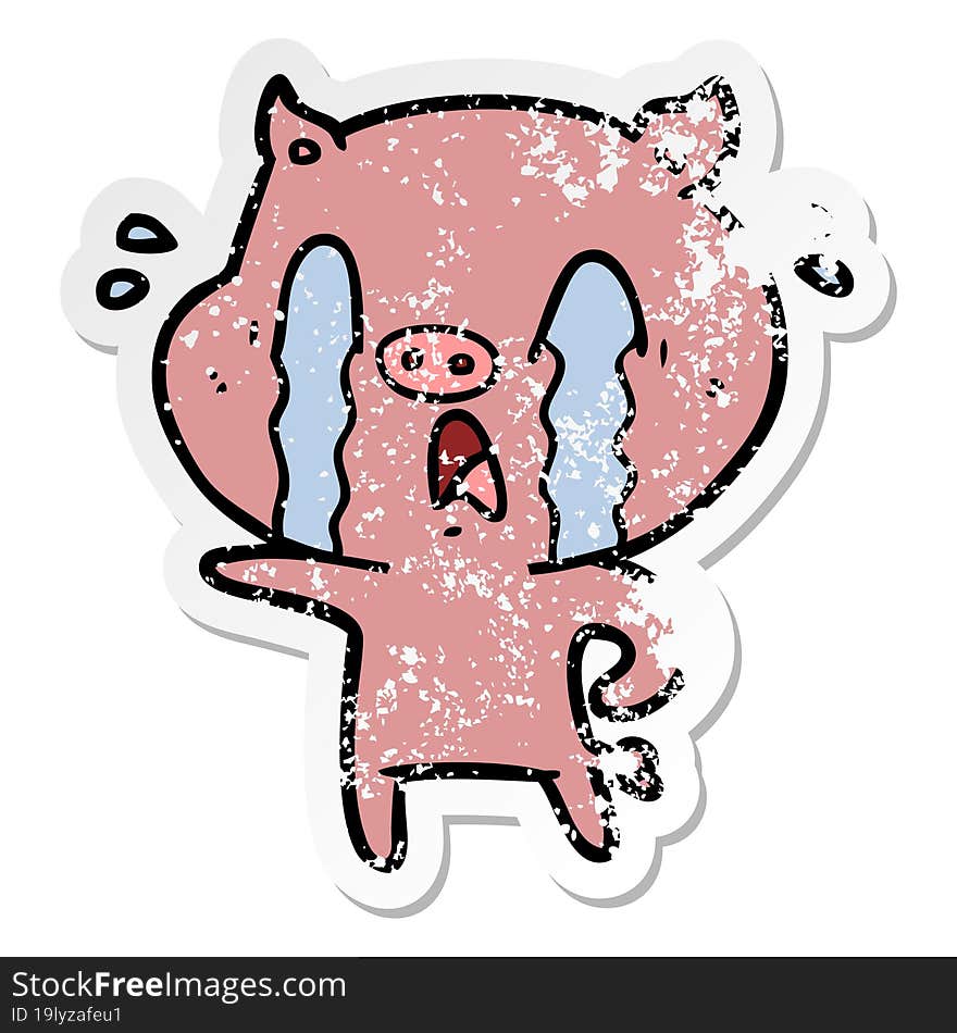 distressed sticker of a crying pig cartoon