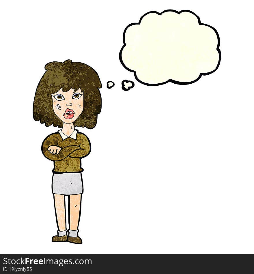 cartoon tough woman with folded arms with thought bubble