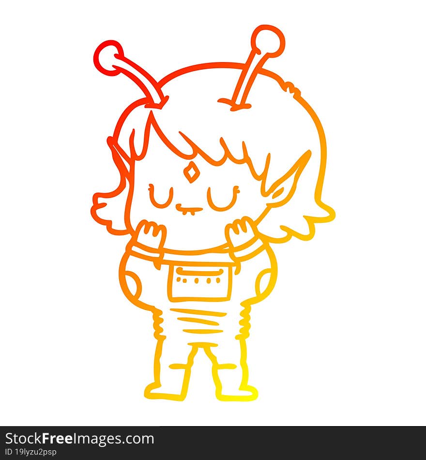 warm gradient line drawing of a cartoon alien girl