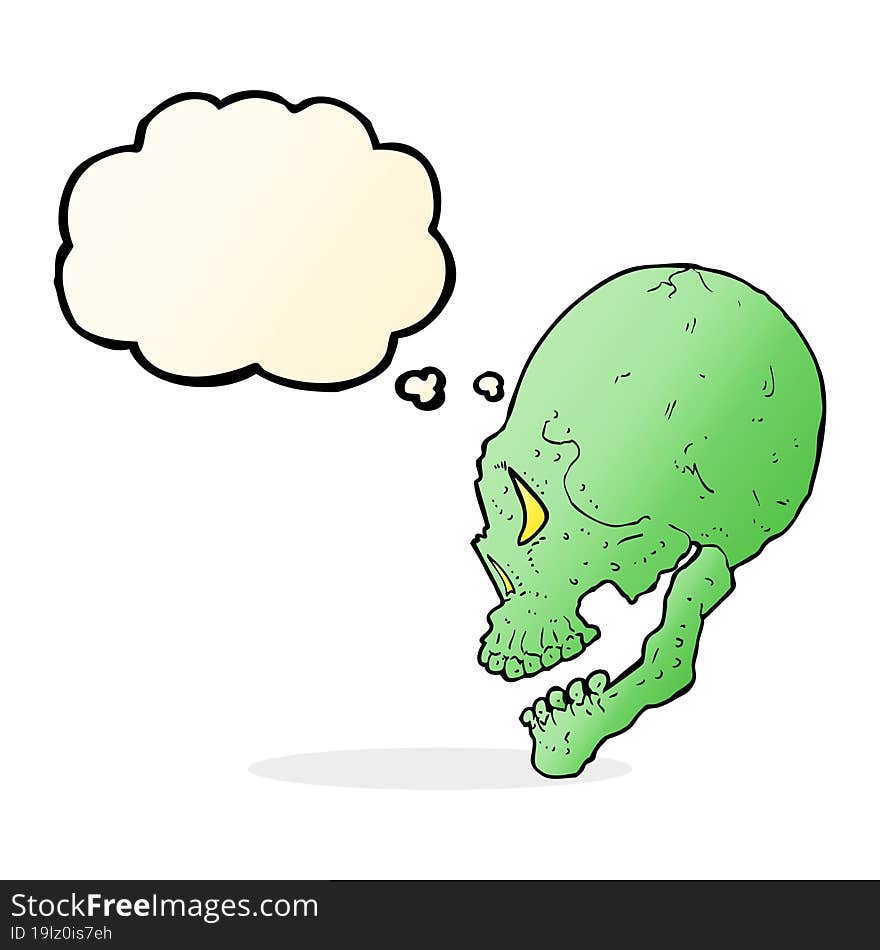 spooky skull illustration with thought bubble