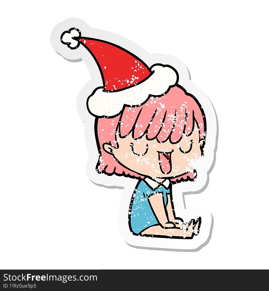 hand drawn distressed sticker cartoon of a woman wearing santa hat