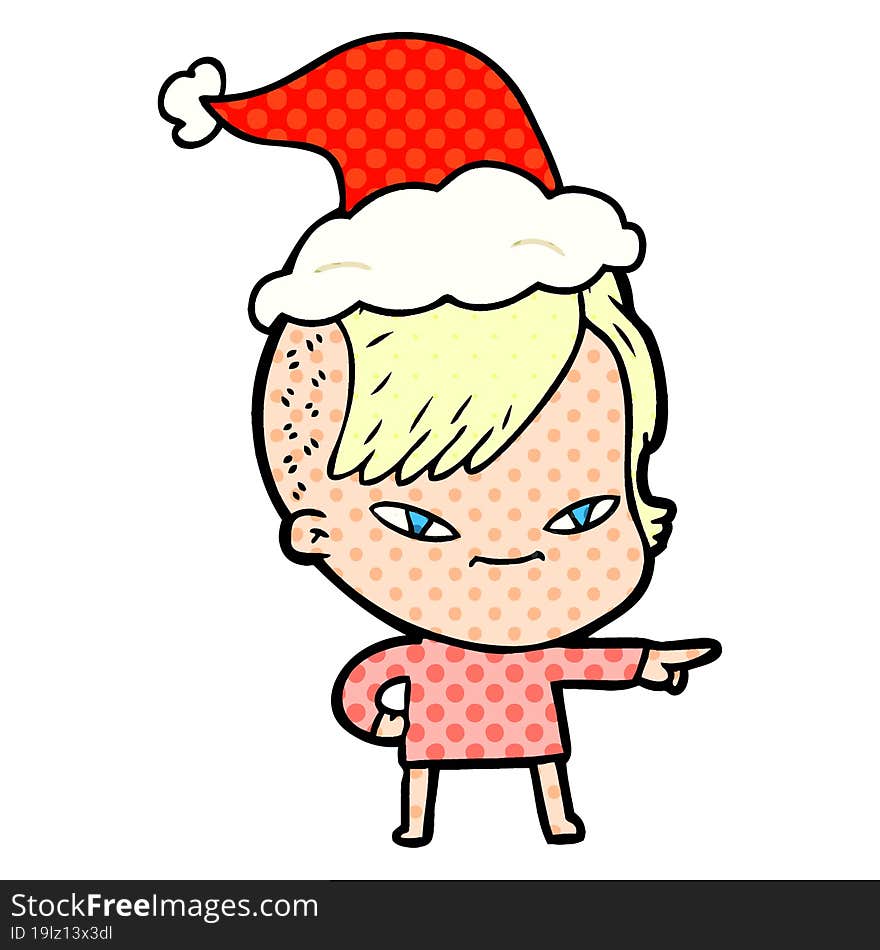 cute comic book style illustration of a girl with hipster haircut wearing santa hat