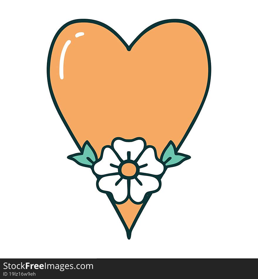 iconic tattoo style image of a heart and flower. iconic tattoo style image of a heart and flower