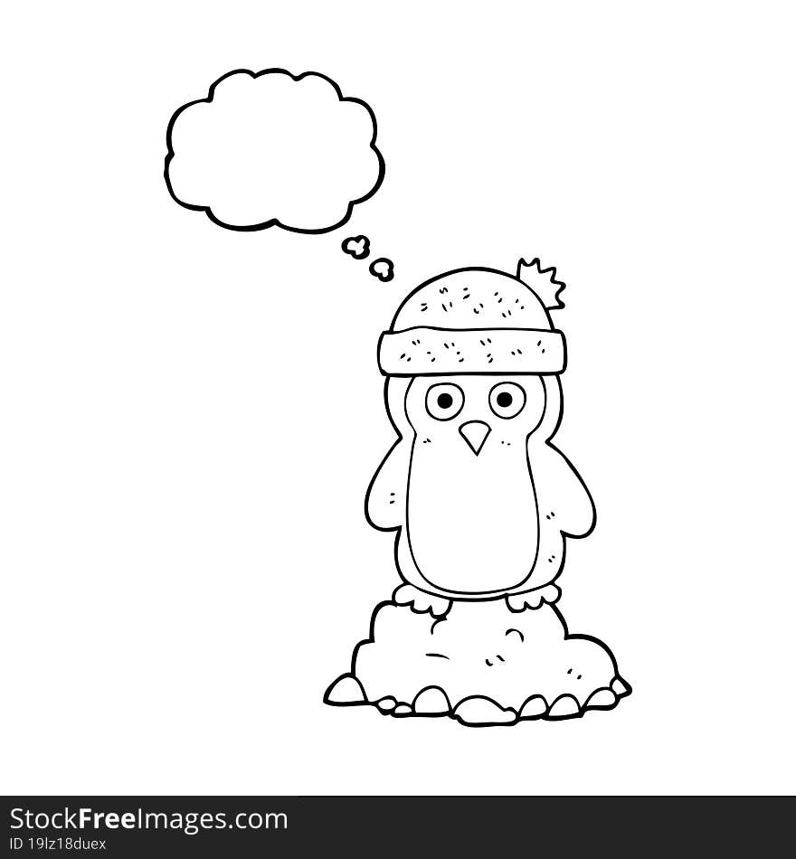 thought bubble cartoon penguin wearing hat