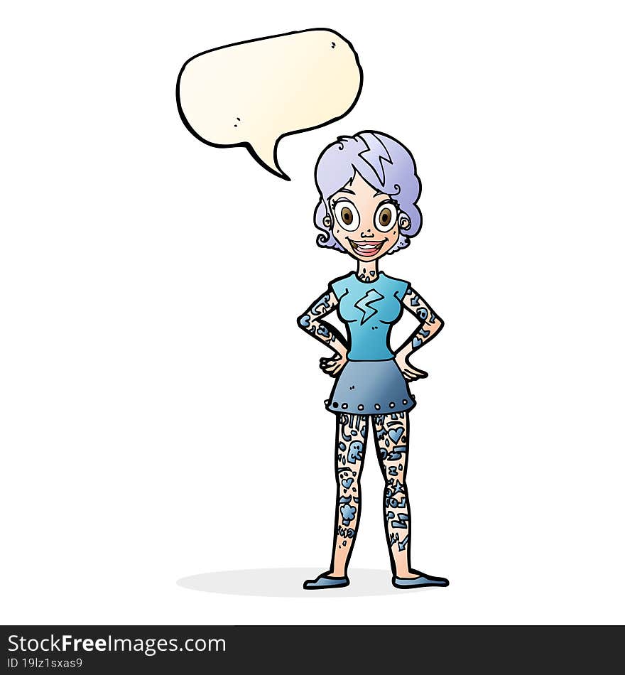 cartoon woman with heavy tattoos with speech bubble