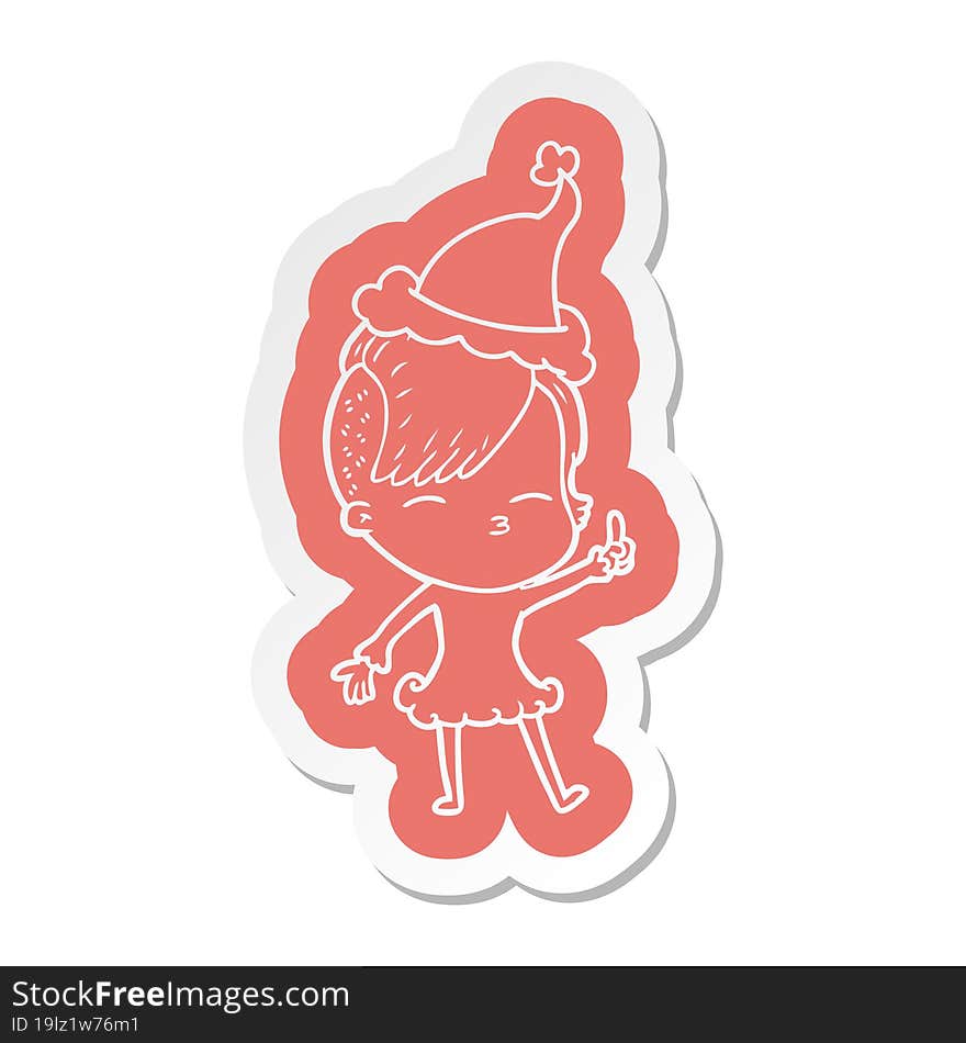 cartoon  sticker of a squinting girl wearing santa hat