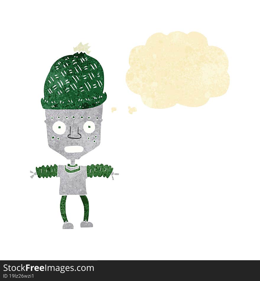 cartoon robot wearing hat with thought bubble